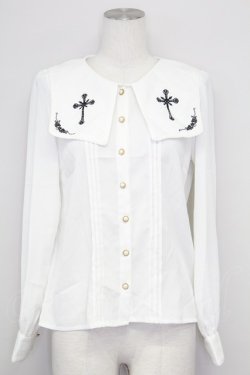 画像1: Amavel / クロス刺繍スクエア襟ブラウス  白Ｘ黒 T-25-08-27-001-CA-BL-SA-ZT