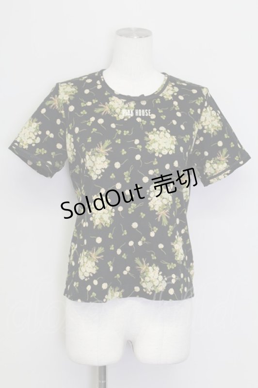 画像1: PINK HOUSE / シロツメクサ&クローバー半袖カットソー  黒 T-25-08-30-008-LO-TO-SA-ZT221 (1)