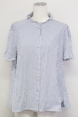 Franche Lippee / ストライプ立ち襟半袖ブラウス  青ｘ白 T-25-08-30-015-LO-BL-SA-ZI