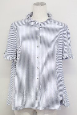 画像1: Franche Lippee / ストライプ立ち襟半袖ブラウス  青ｘ白 T-25-08-30-015-LO-BL-SA-ZT