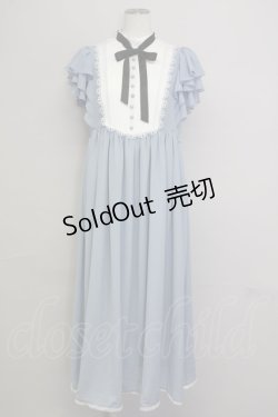 画像1: Unitleer / リボンタイ付き半袖ワンピース XL サックスX白 T-25-09-10-019-LO-OP-SA-ZI