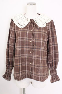 画像1: axes femme / 襟デザインチェックブラウス M 茶 T-25-09-14-013-AX-BL-SA-ZT