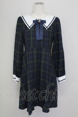 画像1: Amavel / リボンブローチ付きセーラー襟チェックワンピース  グリーンＸネイビー T-25-09-15-013-CA-OP-SA-ZT