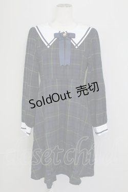 画像1: Amavel / リボンブローチ付きセーラー襟チェックワンピース  グリーンXネイビー T-25-09-15-013-CA-OP-SA-ZI