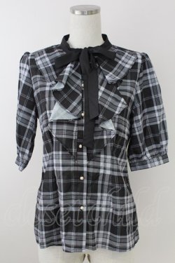 画像1: axes femme POETIQUE / ラッフルフリルチェックブラウス M 黒 T-25-09-21-019-AX-BL-SA-ZT