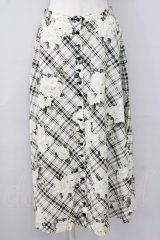 INGEBORG / モノトーンチェック&フラワーゴムスカート  ホワイト T-25-09-26-013-LO-SK-SA-ZT442