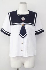 Amavel / セーラー襟半袖ブラウス  白Ｘネイビー T-25-09-28-001-CA-BL-SA-ZI