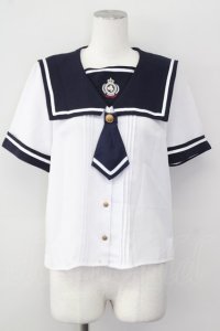 Amavel / セーラー襟半袖ブラウス  白Ｘネイビー T-25-09-28-001-CA-BL-SA-ZI