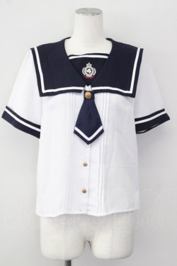 画像1: Amavel / セーラー襟半袖ブラウス  白Ｘネイビー T-25-09-28-001-CA-BL-SA-ZT