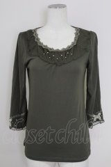 axes femme / レースパール配色カットソー  カーキ T-25-10-01-013-AX-TO-HS-ZS