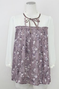 画像1: axes femme / 花柄切替シフォントップス  パープルｘオフ T-25-10-01-015-AX-TO-HS-ZT