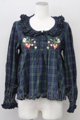 PINK HOUSE / 野ばらとチェリー刺繍タータンブラウス  グリーン T-25-10-10-016-LO-BL-SA-ZT215