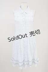 axes femme / ビジュ襟ノースリーブチェックワンピース  サックスＸ白 T-25-10-19-027-AX-OP-SA-ZI