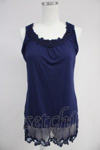 axes femme / 立体お花付きロングタンク  ネイビー T-25-10-19-014-AX-TO-SA-ZI