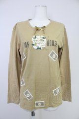 PINK HOUSE / ミモザ風ブーケプリント&雛菊ワッペンカットソー L ブラウン T-25-10-30-009-LO-TO-SA-ZI