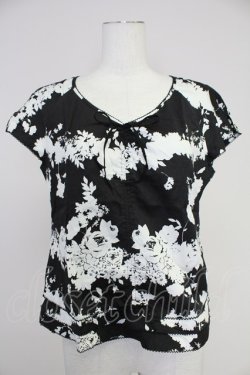 画像1: INGEBORG / シルエットフラワーブーケ半袖ブラウス M 黒X白 T-25-10-30-014-LO-BL-SA-ZT