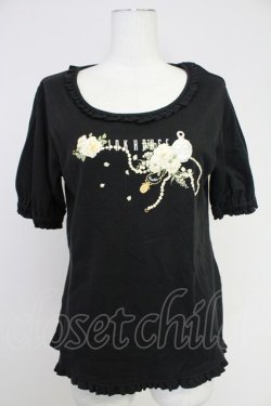 画像1: PINK HOUSE / パールネックレスローズプリントカットソー  黒X白 T-25-10-30-018-LO-TO-SA-ZT