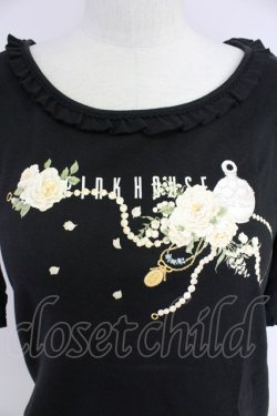 画像3: PINK HOUSE / パールネックレスローズプリントカットソー  黒X白 T-25-10-30-018-LO-TO-SA-ZT