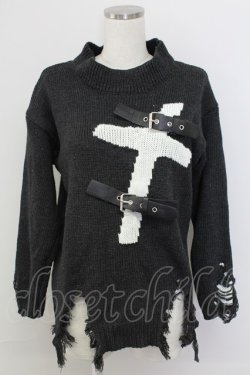 画像1: Jamie エーエヌケー / クロスモチーフダメージニット M ブラック T-25-11-06-030-LO-TO-SA-ZI