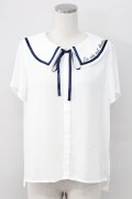 Rydia / 襟刺繍セーラー半袖ブラウス  白Ｘネイビー T-25-11-06-004-PU-BL-SA-ZT