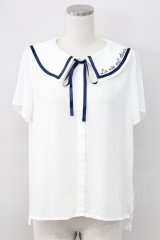 Rydia / 襟刺繍セーラー半袖ブラウス  白Ｘネイビー T-25-11-06-004-PU-BL-SA-ZI