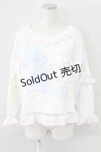 Nile Perch / カルーセルデザインうさぎ刺繍襟トップス  白ＸピンクＸ青 T-25-11-06-009-LO-TO-SA-ZT