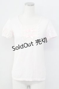 Emily Temple cute / ダブルリボンドットチュール半袖カットソー  ピンクＸアイボリー T-25-11-06-015-ET-TO-SA-ZT