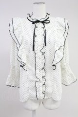 axes femme POETIQUE / ドット配色リボンフリルブラウス M ホワイト T-25-11-09-015-AX-BL-SA-ZT509