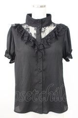 Jamie エーエヌケー / レーススタンドカラー半袖ブラウス  ブラック T-25-11-14-017-LO-BL-SA-ZI