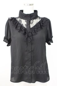 Jamie エーエヌケー / レーススタンドカラー半袖ブラウス  ブラック T-25-11-14-017-LO-BL-SA-ZI