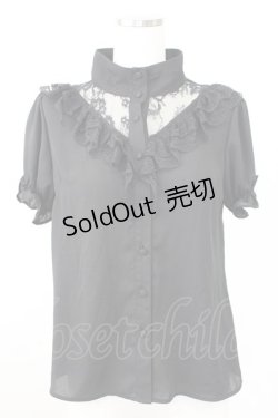 画像1: Jamie エーエヌケー / レーススタンドカラー半袖ブラウス  ブラック T-25-11-14-017-LO-BL-SA-ZI