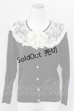 画像1: PINK HOUSE / レース襟リボンニットカーディガン  黒Ｘアイボリー T-25-11-15-025-LO-TO-SA-ZT