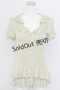 PINK HOUSE / カメリアモチーフ襟半袖ニットカーディガン  グリーン T-25-11-15-029-LO-TO-SA-ZI