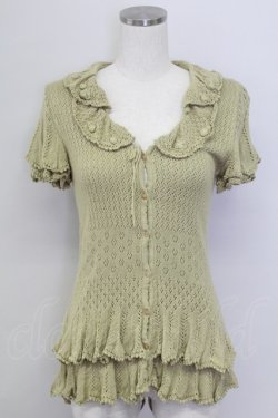 画像1: PINK HOUSE / カメリアモチーフ襟半袖ニットカーディガン  グリーン T-25-11-15-029-LO-TO-SA-ZT