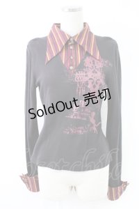 PUTUMAYO / シャンデリアプリントストライプ衿カットソー  黒Ｘボルドー T-25-11-23-012-PT-TO-SA-ZI