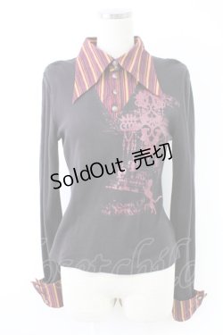 画像1: PUTUMAYO / シャンデリアプリントストライプ衿カットソー  黒Ｘボルドー T-25-11-23-012-PT-TO-SA-ZT