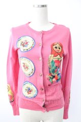 Jane Marple / マトリョーシカのデコパージュカーディガン M ピンク T-25-11-28-009-JM-TO-SA-ZI