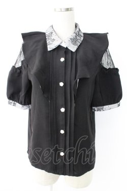 画像1: Rojita / ラッフル肩開き半袖ブラウス  黒Ｘ白 T-25-11-28-013-LO-BL-SA-ZI