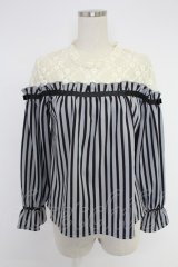 axes femme / レース切替レジメカットプルオーバー  ブルーＸ黒Ｘ生成り T-25-12-03-012-AX-TO-SA-ZI