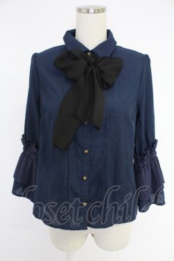 画像1: axes femme POETIQUE / 袖プリーツフリル使いブラウス  ネイビー T-25-12-03-019-AX-BL-SA-ZT