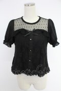 axes femme POETIQUE / ドットチュール&レース切り替え半袖トップス  黒 T-25-12-03-022-AX-TO-SA-ZT
