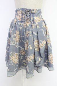 axes femme / 転写風フラワーレーススカート M ブルー T-25-12-03-034-AX-SK-SA-ZI