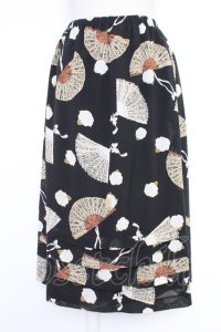 KANEKO ISAO / カメリア&扇子柄スカート  クロ T-25-12-10-021-EL-SK-OW-ZT