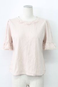 LODISPOTTO / シフォンリボンストーン半袖カットソー  ピンク T-25-12-11-001-LO-TO-SA-ZT