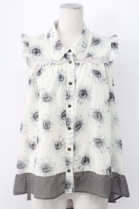 axes femme / ひまわり柄ノースリブラウス M グレー T-25-12-11-003-AX-BL-SA-ZT
