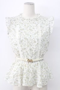 axes femme / ベルト付花柄ノースリブラウス M ホワイト T-25-12-11-002-AX-BL-SA-ZT