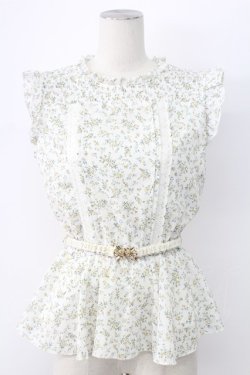 画像1: axes femme / ベルト付花柄ノースリブラウス M ホワイト T-25-12-11-002-AX-BL-SA-ZT