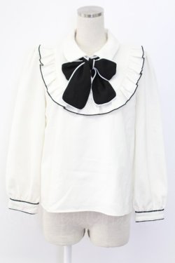 画像1: evelyn / Uフリルバイカラーリボンブラウス  ホワイト T-25-12-14-001-LO-BL-SA-ZT