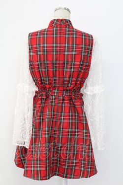 画像2: Jamieエーエヌケー / タータンチェックレース袖ワンピース  赤チェックｘ白 T-25-12-14-018-0-OP-SA-ZT