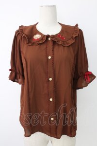 axes femme kawaii / クマパフェ刺繍ブラウス  ブラウン T-25-12-17-017-AX-BL-SA-ZT